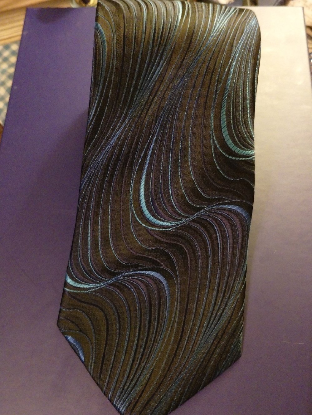 Men’s Black Tie with Teal Wave Accents Modern Executive Ocean Splash Big Tall